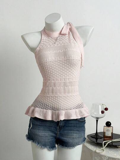 Elamini 女士纯色荷叶边下摆打结领口时尚吊带针织上衣