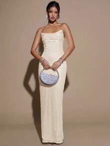 SHEIN BAE 优雅亮片装饰连衣裙，适合女士出席正式宴会、鸡尾酒会、夜总会、生日派对、节日派对、圣诞节、万圣节等场合。 - 杏色 - 查看 3