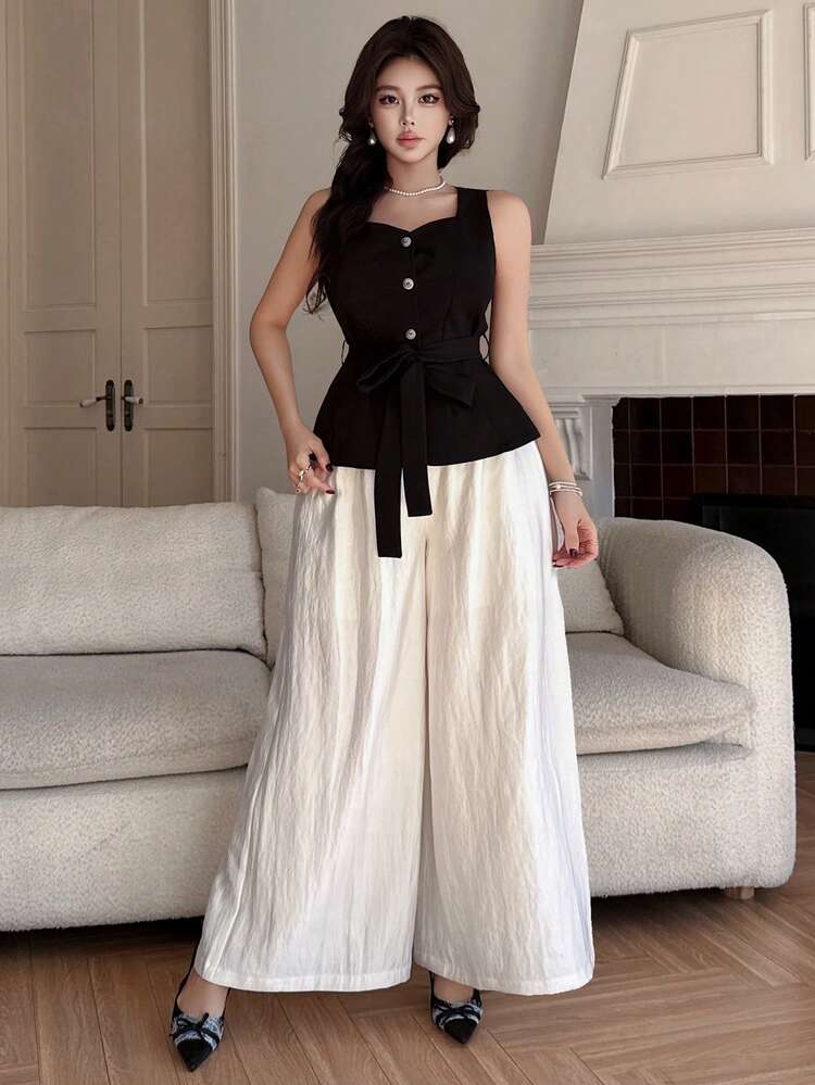 Women's Elegant Contrast Color Camisole And Wide Leg Pants 2 Pieces Set, Spring/Summer,Wedding Guest Dress Women