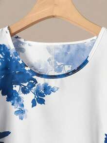 Linhara 大码女装夏季休闲日常圆领印花短袖上衣和松紧腰裤两件套，碎花套装，两件套女装休闲套装，夏季两件套碎花印花 - 藏蓝色 - 查看 5