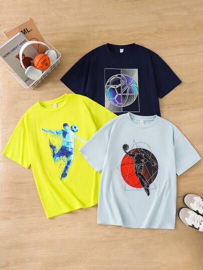SHEIN 3pcs/Set Teen Boy Casual Relaxed Basketball And Football Pattern Prints Loose Fit Round Neck Short Sleeve T-Shirts, Cotton Blends, School, Campus, Suitable For Spring/Summer , Daily Wear, Sports, Outings, School, Parties, Festivals, Photoshoots