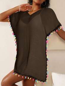 Swim Vcay 女士彩色装饰薄纱休闲罩衫 - 咖啡棕 - 查看 3