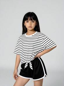 Girls' Minimalist Striped Round Neck Drop Shoulder Short Sleeve Top With Waist Tie And Black Drawstring Shorts Set, Soft And Comfortable Fabric, Casual Outfit For Home And Family Interaction - Black - View 8