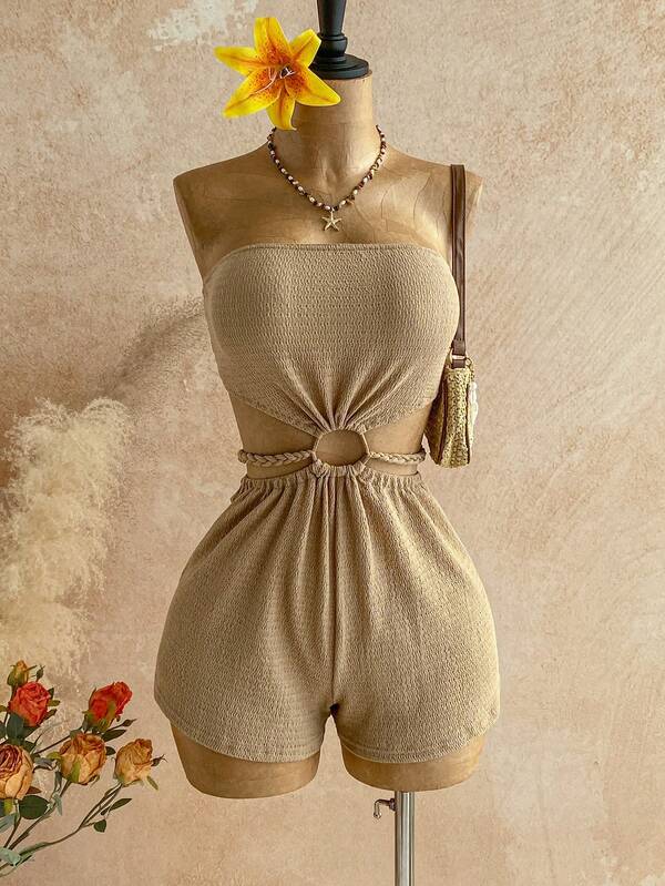 Soleia Spring/Summer New Casual Vacation Western Beach Wedding Guest Attire Graduation Brunch Outfit, St. Patrick's Day Spring Break Easter Music Festival Elegant Bohemian Tropical Tube Textured Knit Khaki Cutout Waist Braided Rope Decor Backless Jumpsuit For Women Boho Vacation ,Carnival