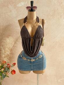 Soleia Áo tank top nữ thanh lịch kiểu bohemian nhiệt đới không tay, chất liệu dệt kim, màu nâu, cổ yếm, thích hợp cho các dịp xuân/hè như đi học, đi biển, đám cưới, lễ tốt nghiệp, tiệc brunch, ngày lễ Thánh Patrick, kỳ nghỉ xuân, lễ Phục sinh, lễ hội âm nhạc. - màu nâu - Xem 5