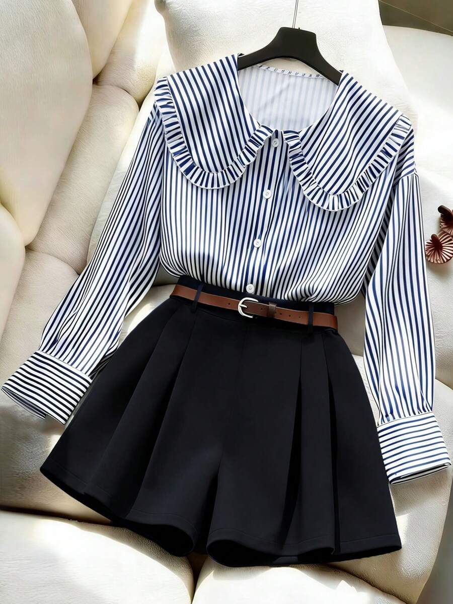 Elenzga New Women's White Cute Peter Pan Collar Matching Woven Striped Print Blouse, Suitable For Layering In Autumn/Winter - Blue and White - View 1