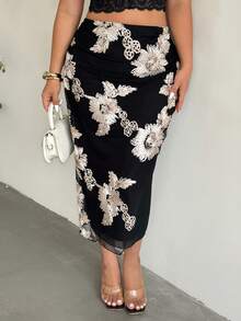Firerie Chân váy cỡ lớn thanh lịch thêu hoa, phù hợp để đi làm. - màu đen - Xem 2