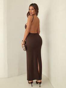Sirith Elegant Sexy Coffee Brown Halter Backless Sleeveless Dress For Dates & Holidays, Spring/Autumn - Coffee Brown - View 2
