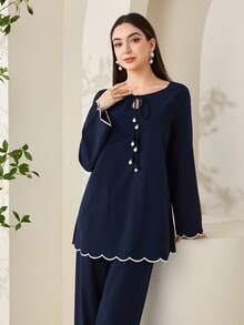 Veilorie 保守休闲波浪刺绣系带女式衬衫 - 藏蓝色 - 查看 5