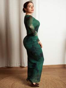 Lupita Cardoza 优雅渐变长袖修身女式连衣裙长款女装 - 墨綠色 - 查看 3