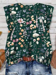 EMERY ROSE 女士V领印花短袖休闲衬衫，适合夏季穿着 - 墨綠色 - 查看 2