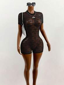 Mistrie Club Wear Sexy Sheer Black Lace Turtleneck Cutout Bodycon Romper - Black - View 4