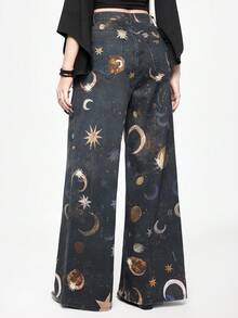 ROMWE Gothic Star & Moon Print Women Wide Leg Jeans - Black - View 3