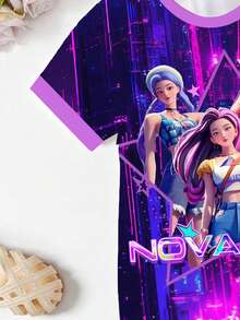 1件少女休闲时尚定制创意清新简约韩流风虚拟女团卡通人物紫色爱心彩色星星图案字母标语印花舒适短袖T恤裙，适合春、夏、秋、冬四季穿着，女孩可爱装扮，少女服装，Y2K风格女孩 - 紫色 - 查看 4
