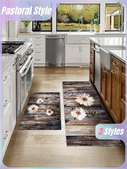 SHEIN 1pc Wooden Floral Print Soft & Comfortable Kitchen Mat, Waterproof Oil-Proof Entry Door Mat, Easy To Clean Bedside Floor Mat, Suitable For Living Room, Hallway, Bathroom, Laundry Room Decor