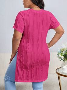 SHEIN Essnce 大码女式纯色圆领纹理拼接设计休闲百搭日常长袖T恤 - 玫紅色 - 查看 2