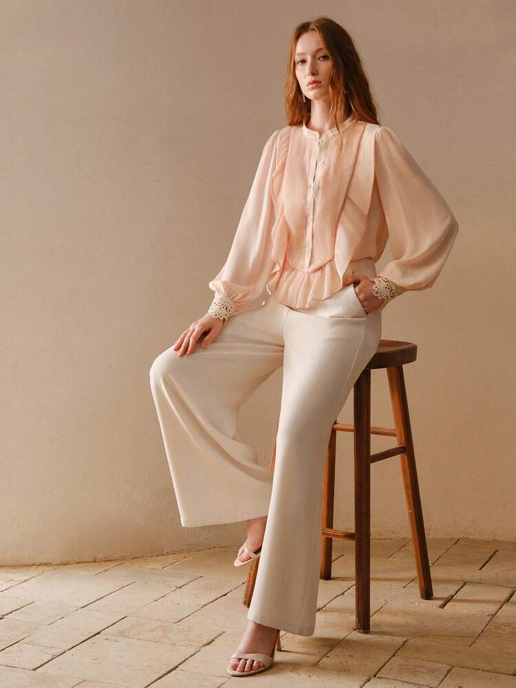 LOTUS ROOT PINK MANDARIN COLLAR LANTERN SLEEVE PLEATED RUFFLE TRIM LOOSE BLOUSE