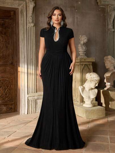Aureia Plus Size Elegant Romantic Black Stand Collar Luxury Crystal Decor Waist Ruched Mermaid Hem With Train Formal Gown (Heavily Embellished)