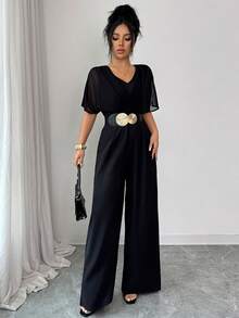 Elenzga 新款轻盈雪纺纯色短袖连体裤，V领设计，侧边口袋，喇叭袖，阔腿剪裁，优雅时尚，是春夏休闲穿搭的理想之选。黑色连体裤，优雅阔腿连体裤，女士连体裤套装，黑色连体裤，女士连体裤，优雅连体裤 - 黑色 - 查看 3