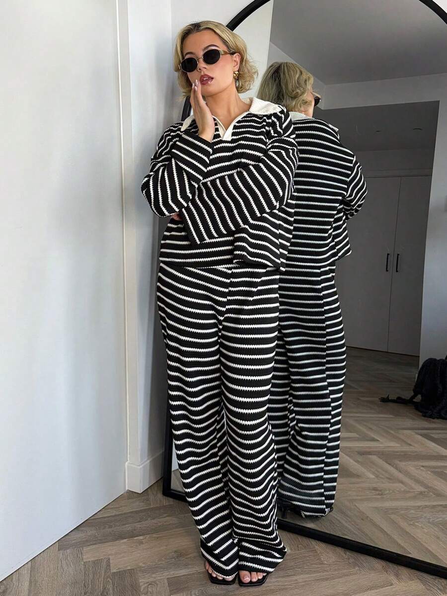 Bethéva 女式两件套宽松条纹 V 领落肩长袖 T 恤和松紧腰条纹裤，冬季毛衣套装，秋冬 - 黑色 - 查看 1