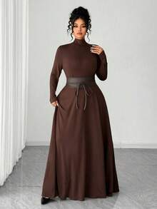 Elenzga Đầm maxi dài tay cổ đứng dáng chữ A, eo thon, màu nâu, kiểu dáng thanh lịch, thoải mái, dành cho nữ, thích hợp mặc đi làm hàng ngày, đi chơi, dự tiệc, mua sắm, lễ hội âm nhạc. - Cà phê nâu - Xem 8