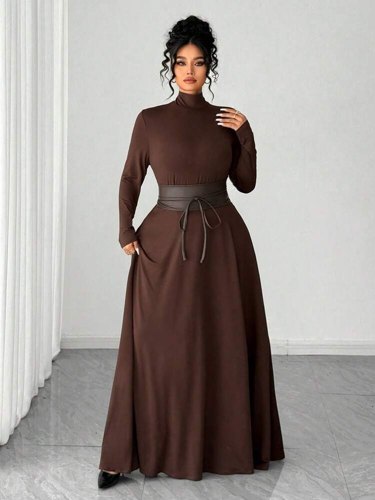 Elenzga فستان ماكسي طويل الأكمام مناسب للمرأة البدينة، ربيع/خريف، لون بني أنيق وفضفاض، ياقة عالية، متماسك، خط A في الخصر، مناسب للارتداء اليومي، الحفلات، التسوق، المهرجانات الموسيقية - قهوة بني - مشاهدة 8