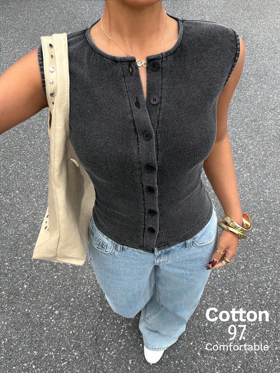 Muchica 黑色针织休闲百搭日常无袖修身背心 - 黑色 - 查看 1