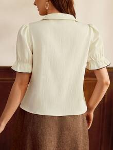 Vintamour Elegant Women's Coffee Brown Summer Tea Party Blouse,Vintage Floral Embroidery Peter Pan Collar Contrast Trim Button Casual White Top For Vacation - Beige - View 5