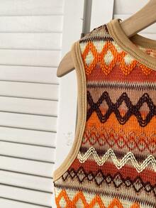 SHEIN 2pcs Tween Girl Knit Striped Crew Neck Casual Tank Top And Shorts Set - Multicolor - View 4