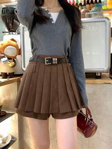 DAZY Gonna corta plissettata di colore unito, stile coreano, autunno/inverno - Castano - Visualizzare 4