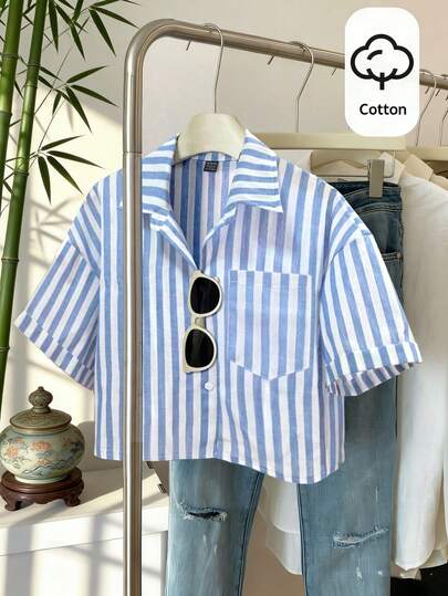 Elamini Striped Cropped Relaxed Casual Women Oversized Cuffed Sleeve Blouse, Linen Texture Women Shirt