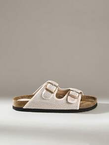 Solecia 女士编织亮面网布双扣设计闭趾休闲平底凉鞋，杏色 - 杏色 - 查看 3