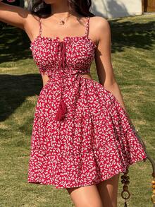 SHEIN VCAY Women's Ditsy Floral Tie Front Camisole Mini Dress,Elegant,For Summer Vacation, Women Summer Clothing - Red - View 3