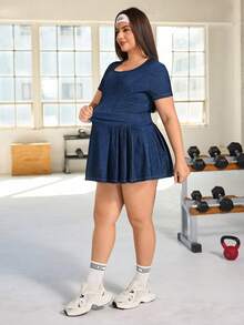 Flexra Plus Size Denim Knit Casual Elastic Dress - Dark Wash - View 5