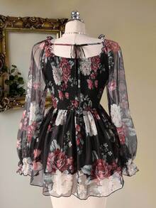 Modelyn Áo kiểu nữ cỡ lớn cổ vuông, eo thon, tay dài, in hoa, chất liệu lưới, kiểu dáng lãng mạn, đa năng. - Nhiều màu - Xem 2