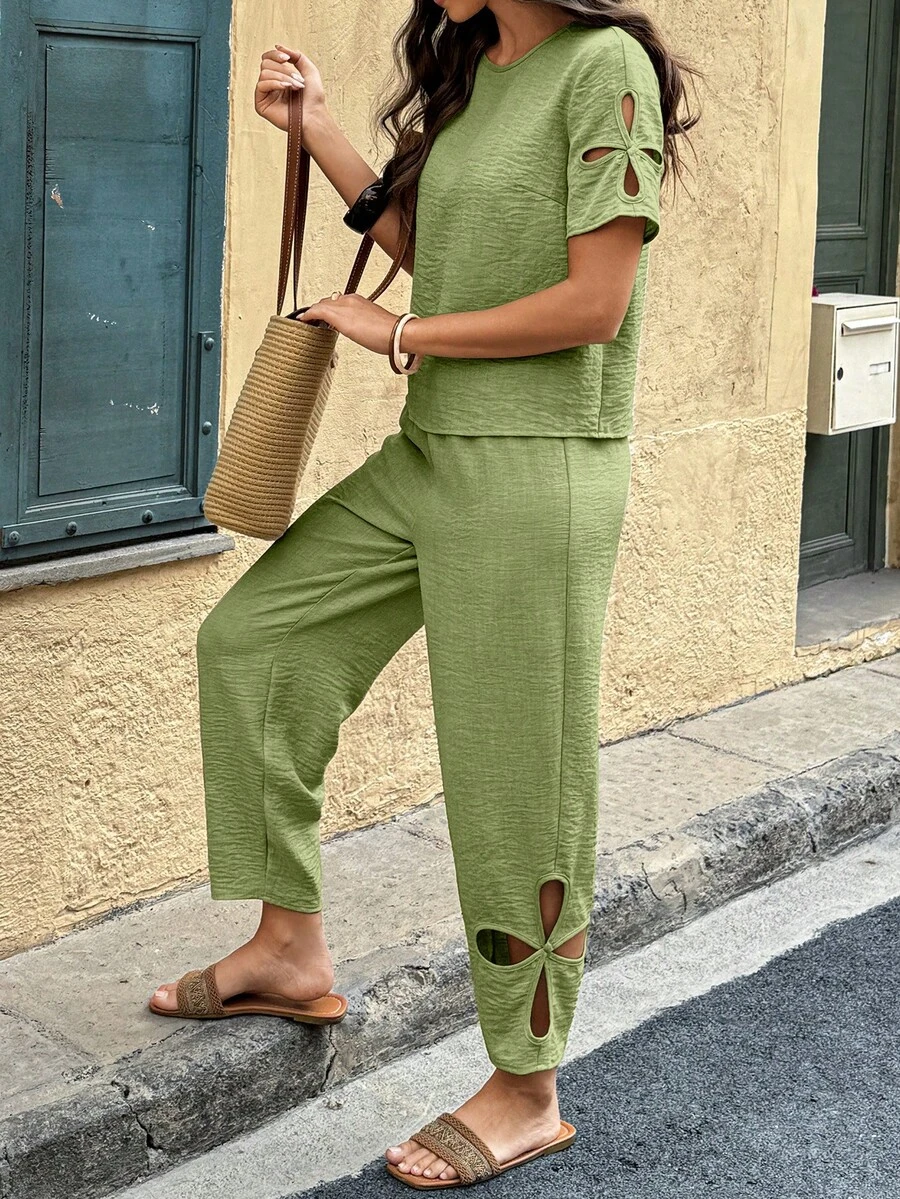 Selianne 两件套女士镂空短袖上衣+镂空休闲裤套装 - 薄荷綠 - 查看 1