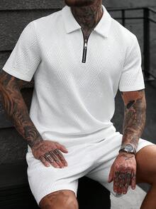 Manfinity CasualCool 男士时尚3D纹理休闲Polo衫套装，Polo衫组合，男士纹理短袖上衣和短裤，INS畅销夏季两件套休闲两件套男士夏季运动服拉链Polo衫两件套夏季套装，男士两件套白色服装，适合周末旅行、户外活动、探险旅行、轻松的工作环境或半正式场合，男友/丈夫礼物，周年纪念/生日礼物，派对暑假假期新年婚礼情人节 - 白色 - 查看 8