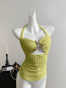 Sweetra 法式甜心露背系带提花纹理镂空金属装饰褶皱修身女式背心 - 綠色 - 查看 2