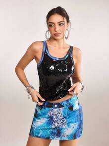 plantica Casual Sexy Urban Chic Floral Print Mesh & Sequin Patchwork Camisole Top, Suitable For Outings, Travel, Wedding, Holiday, Date, Party, Music Festival, Valentine's Day, Spring/Summer,Going Out,Sexy, Elegant,, Wedding Guest, Music Festival, Musician, Night Club - Multicolor - View 5