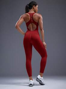 Powerista Women's Letter Pattern Hollow Back Seamless Shapewear Jumpsuit - Burgundy - View 6