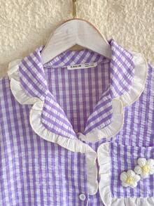 Summer Clothes  Girls' Button Front Floral Patchwork Ruffle Hem Pockets Short Sleeve Casual Dress Lavender Pajama Dress - Purple - View 9