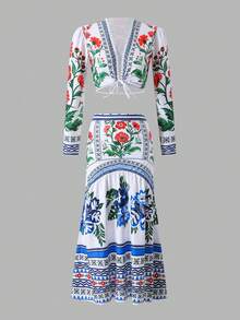 Swim Chiccia 2026 New Women's Summer Beach Vacation Elegant Long Sleeve T-Shirt With Drawstring Ruched Floral Print Skirt Loose Coverup 2-Piece Set - Multicolor - View 10