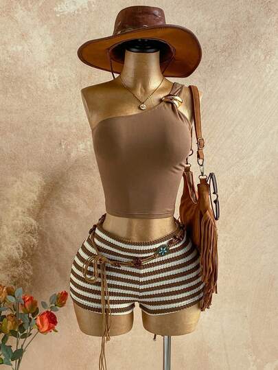 Soleia Women's Solid Color Metal Decor Sleeveless Crop Top And Striped Shorts 2 Piece Set, Vacation