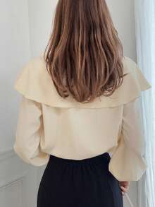 FRIFUL Women's Round Neck Ruffle Collar Contrast Trim Tie Front Long Sleeve Poncho Blouse, Suitable From Spring To Summer - White - View 6