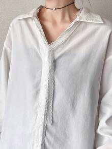 FRIFUL 女士纯色常规领宽松蕾丝系带衬衫 - 白色 - 查看 6