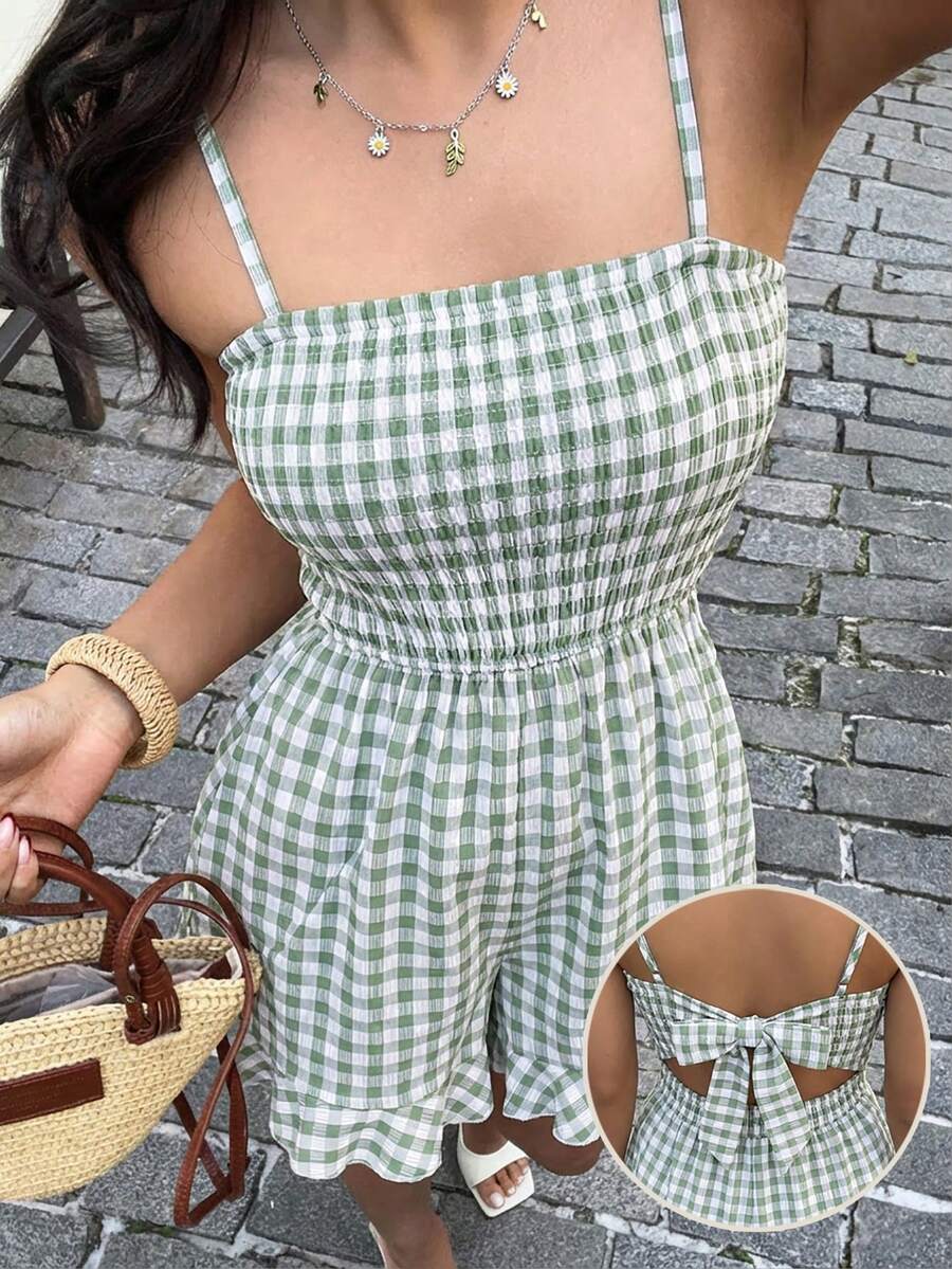 SHEIN Teen Girls Elegant Vacation Style Blue Spaghetti Strap Snug Fit Romper, Suitable For Vacation, Party, Spring/Summer - Green - View 1