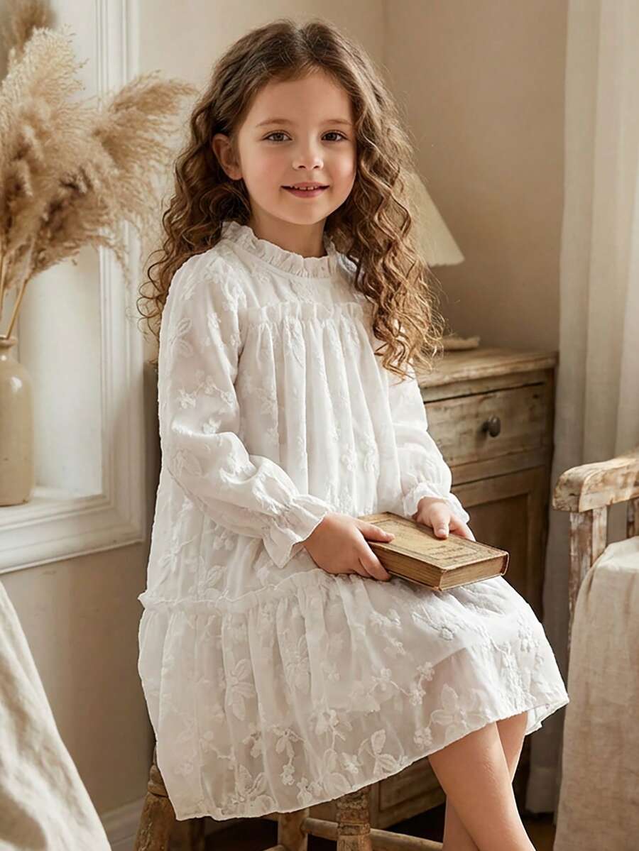 SHEIN Vintaside Kids 女童优雅公主风荷叶边领泡泡袖提花刺绣双层荷叶边下摆宽松公主裙，适合度假、旅行、派对、送礼、春秋季穿着。 - 白色 - 查看 1