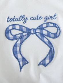 THE HAPPY LOOK 2pcs Young Girl Bow Knit Soft Round Neck Short Sleeve Top And Plaid Pants Set - Multicolor - View 3