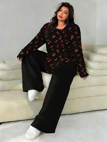 Solflare 2pcs Plus Size Women Casual Cherry Print Loose Fit Round Neck T-Shirt And Straight Leg Pants Set, Black, Spring Outfit - Multicolor - View 5