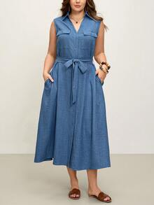 Comfylo 大码女式夏季休闲度假日常通勤翻盖口袋系带无袖连衣裙 - 藍色 - 查看 4